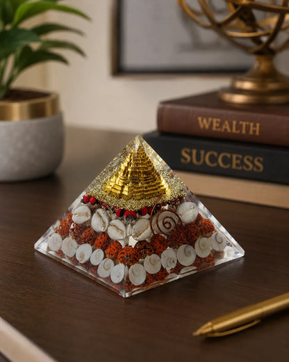 Laxmi Pyramid with gold, rudraksha and shells for wealth and prosperity