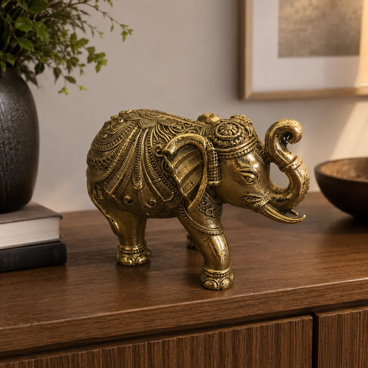 Medium Brass Elephant with trunk up ultra fine detailing showpiece