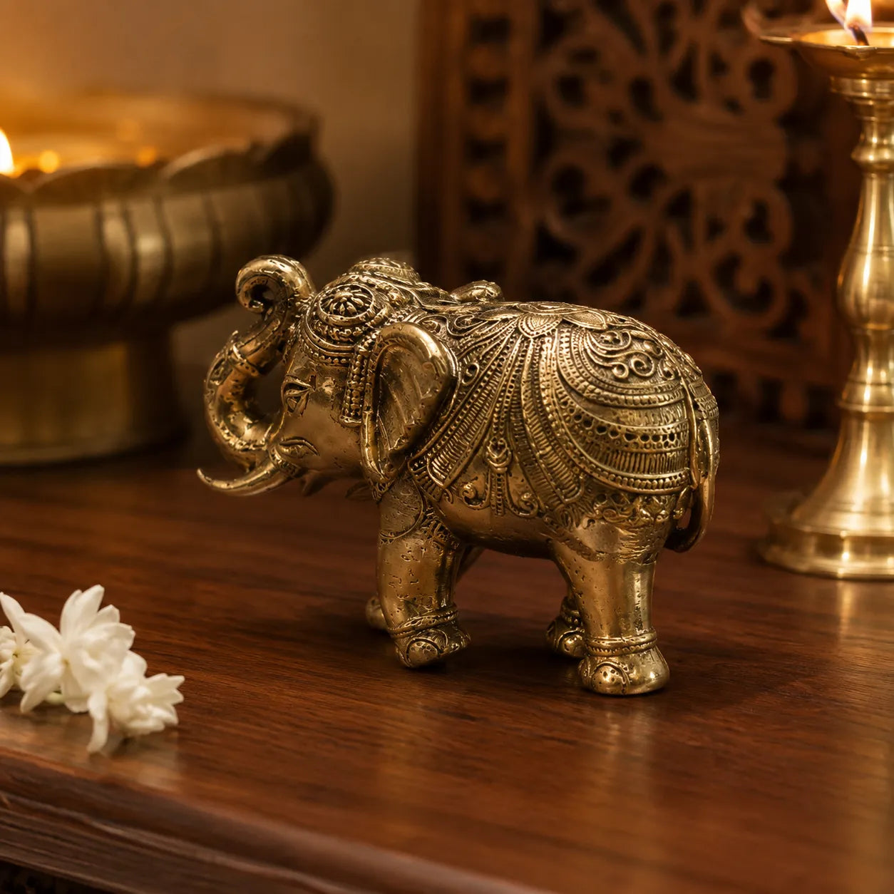 Side view of Medium Brass Elephant trunk up