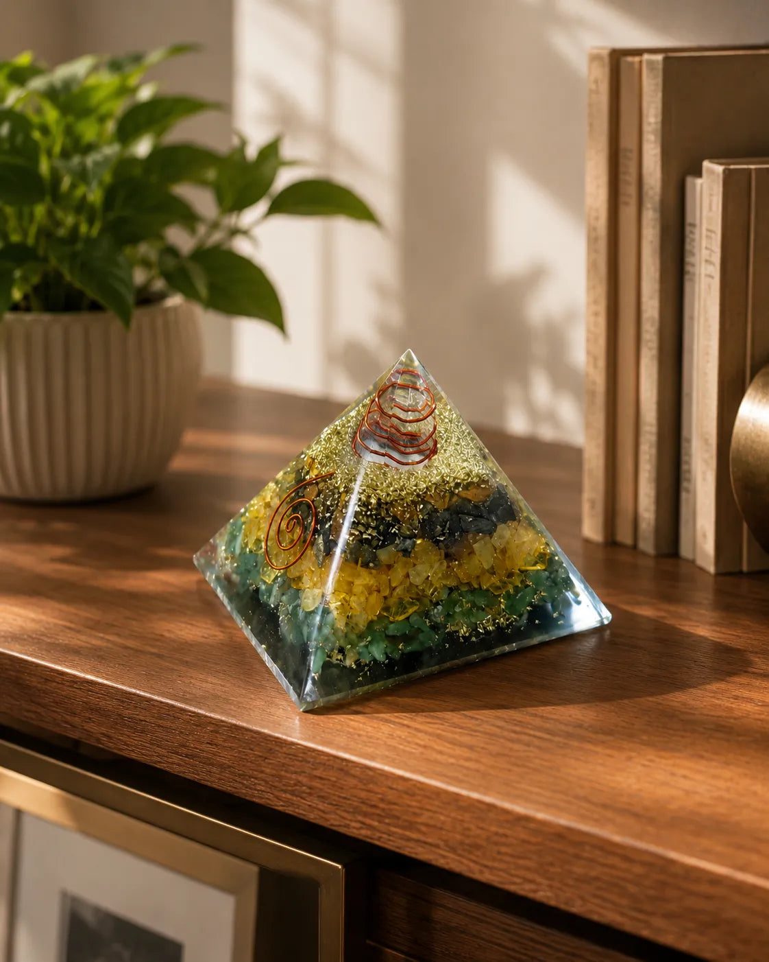 Money Magnet Pyramid with green and yellow crystals for wealth attraction