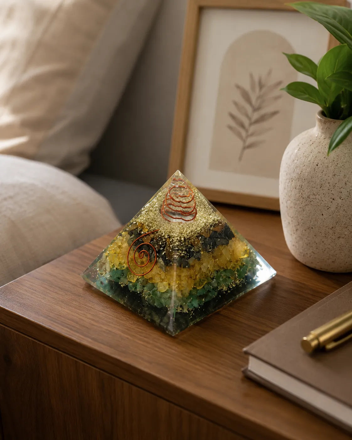 Side view of Money Magnet Orgone Pyramid with copper spiral