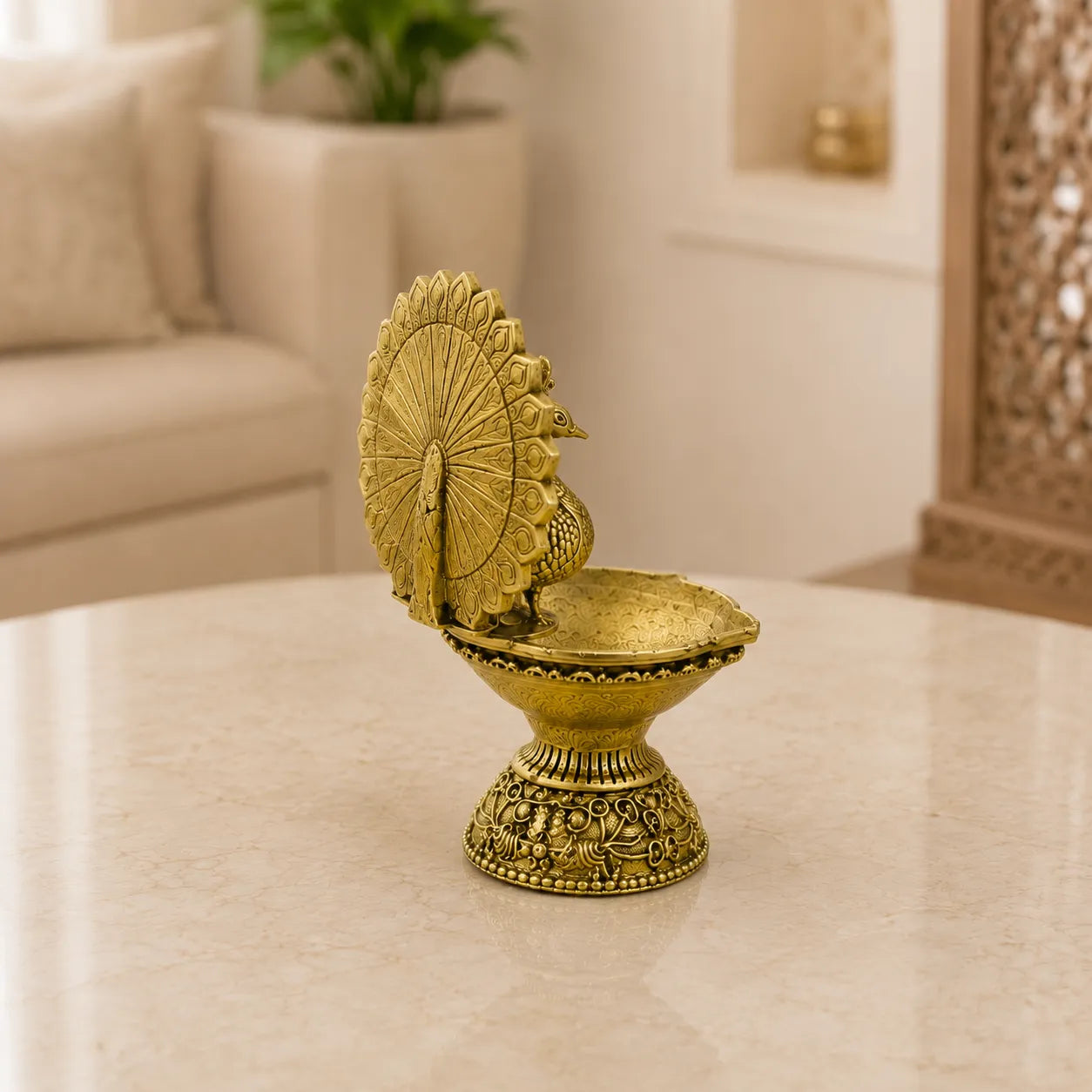 Complete Peacock Brass Diya traditional oil lamp