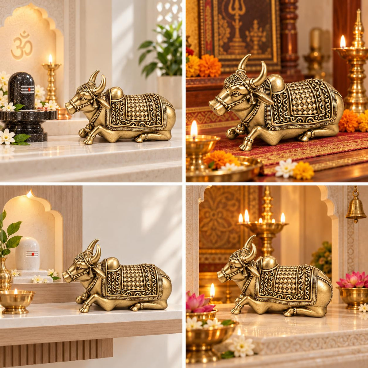 Pure brass Nandi idol for home mandir with intricate handcrafted antique gold detailing