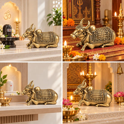 Pure brass Nandi idol for home mandir with intricate handcrafted antique gold detailing