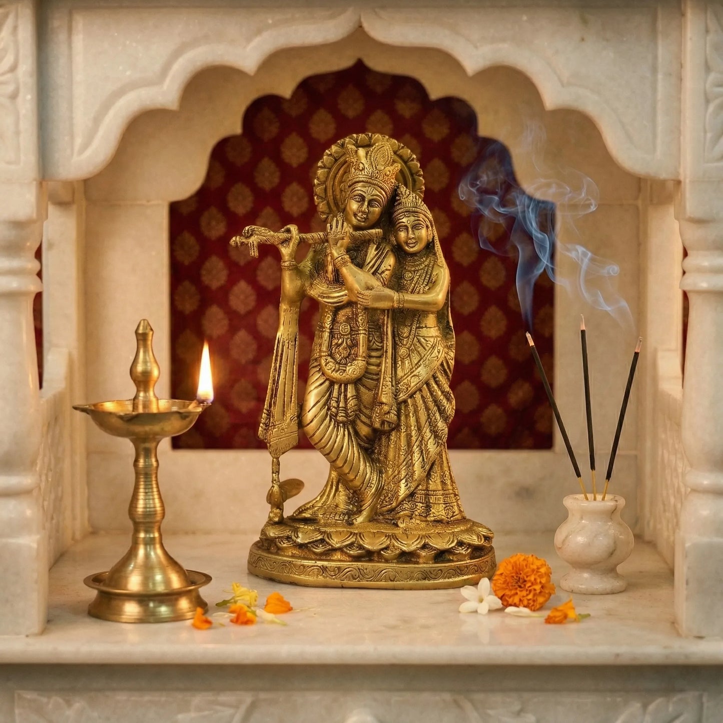 Radha Krishna Brass Idol beautifully placed in home temple