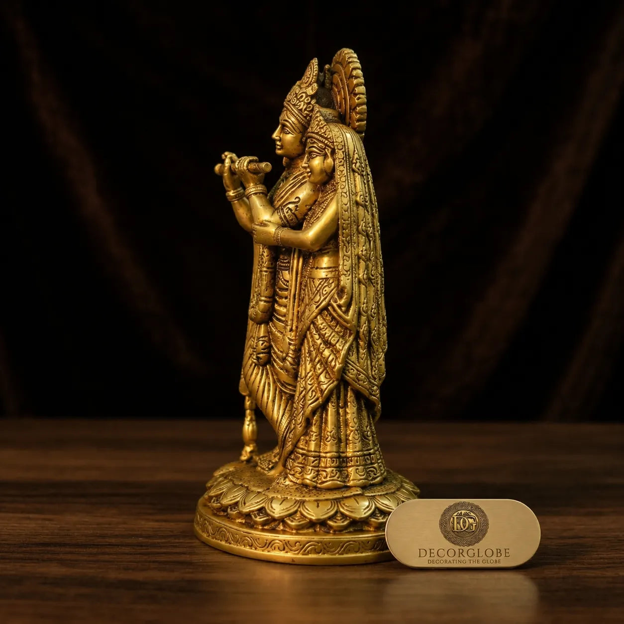 Side view of Radha Krishna Brass Idol with flute and traditional pose
