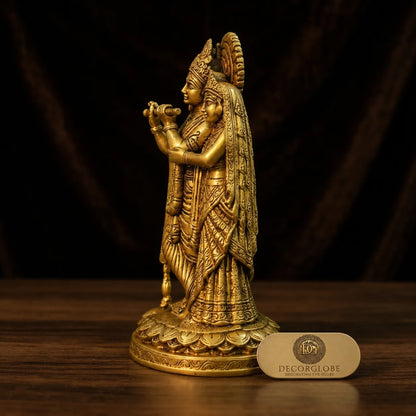 Side view of Radha Krishna Brass Idol with flute and traditional pose