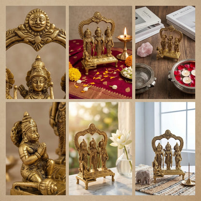 Intricate carving details on Brass Ram Darbar Idol Set