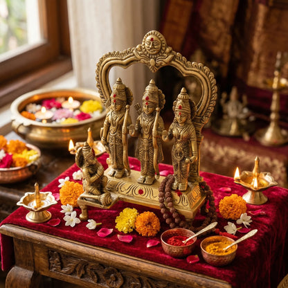 Ram Darbar Brass Idol Set placed in home temple puja room decor