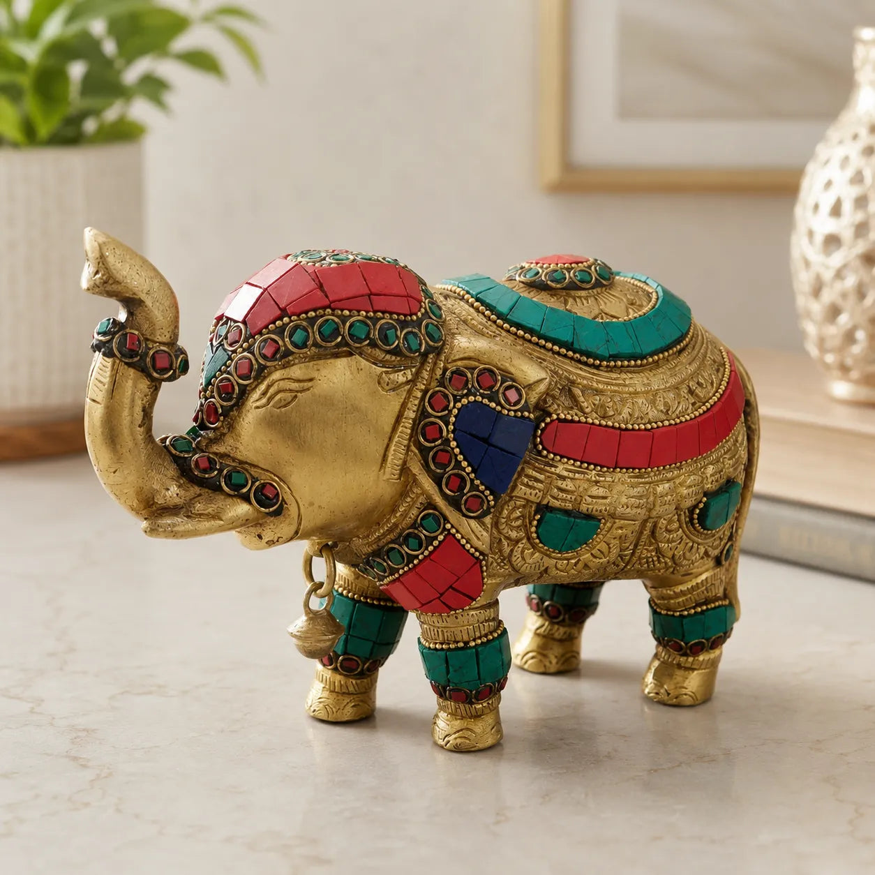 Closeup of detailed stone work on Royal Brass Elephant