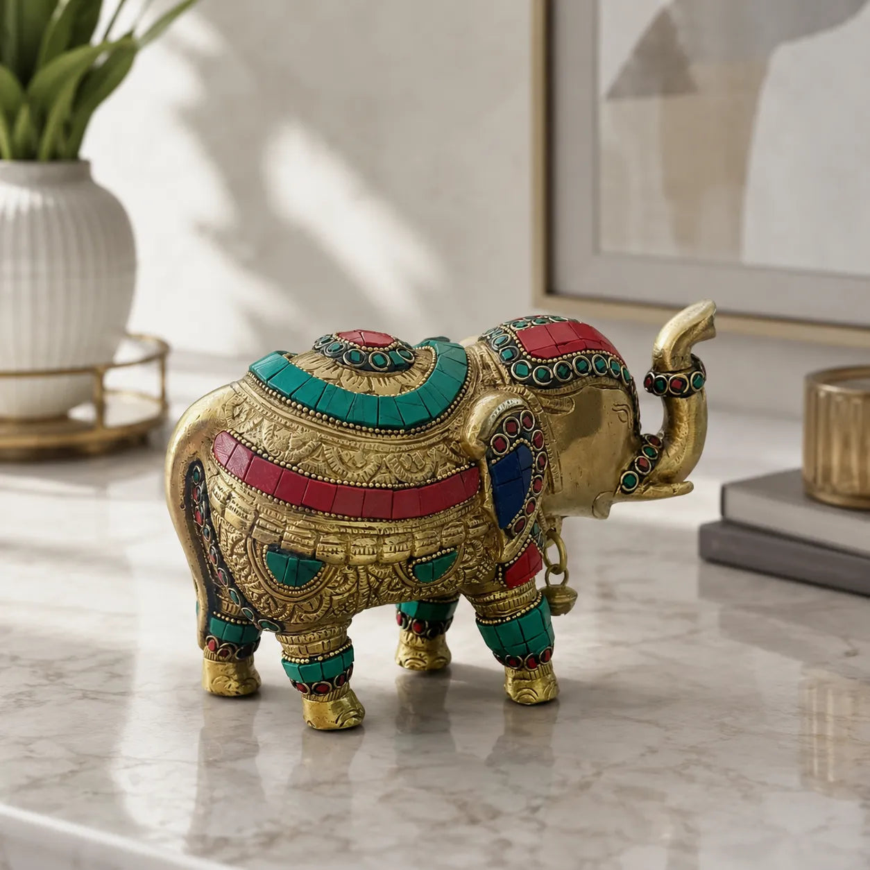 Royal Brass Elephant with Stone Work placed in elegant home decor