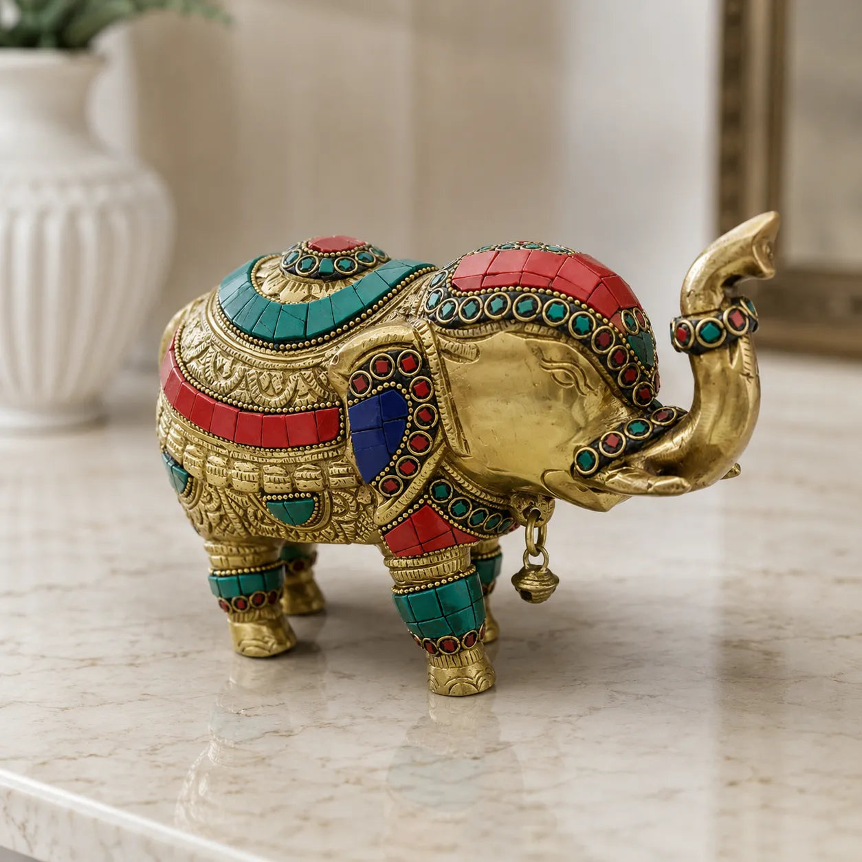 Royal Brass Elephant with colorful red green blue stone work showpiece