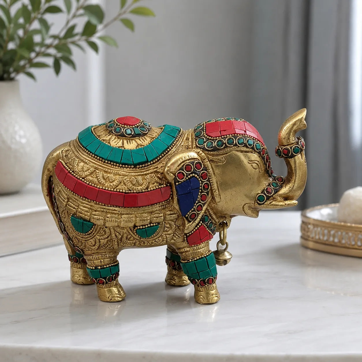 Side view of Royal Brass Elephant with stone inlay