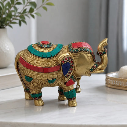 Side view of Royal Brass Elephant with stone inlay