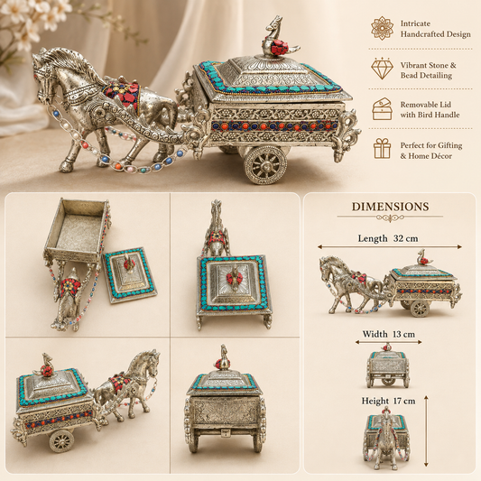 German silver horse cart dimensions showing 32 cm length, 13 cm width and 17 cm height