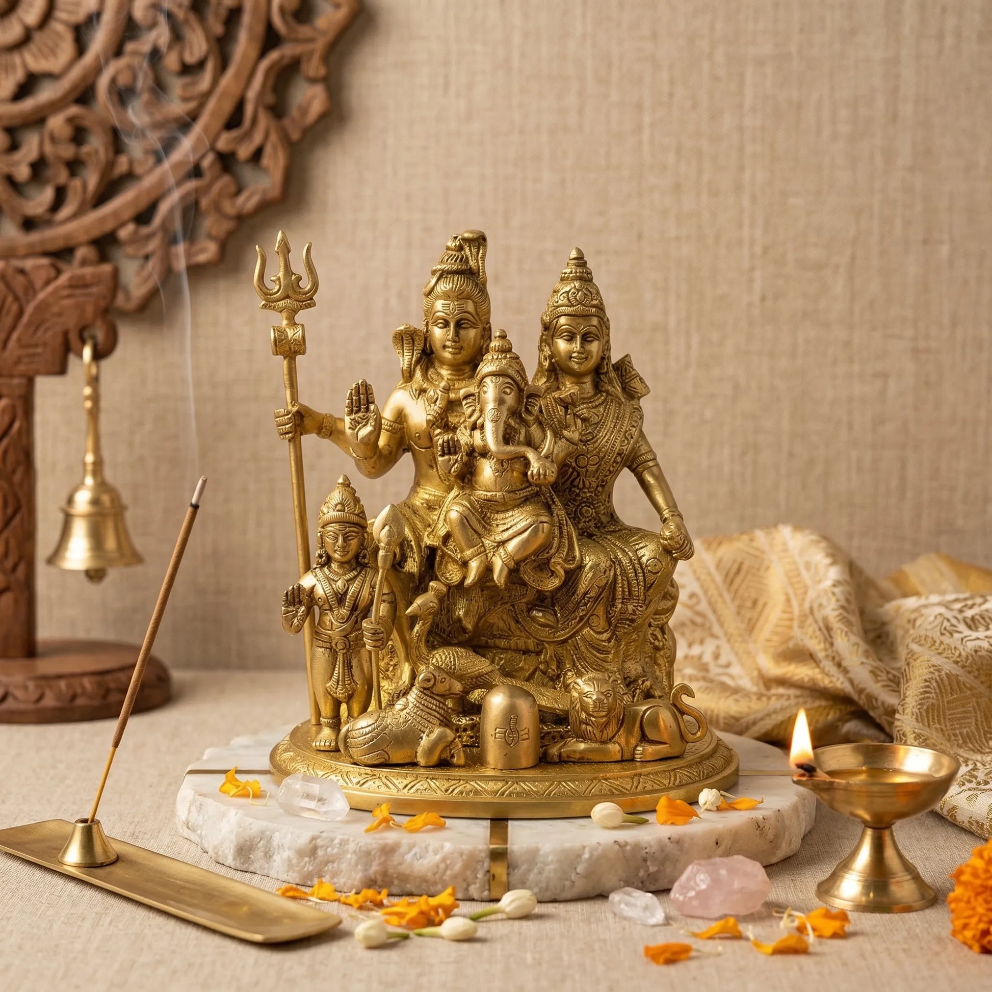 Shiv Parivaar Brass Idol with Lord Shiva Parvati Ganesh and Kartikeya for home temple