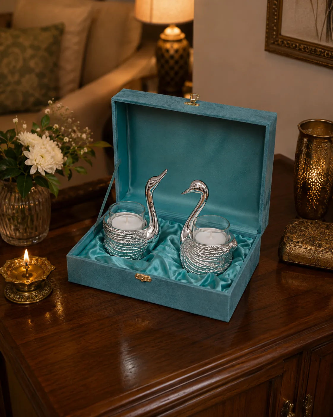 Silver Swan Candle Holders beautifully packed in teal velvet gift box