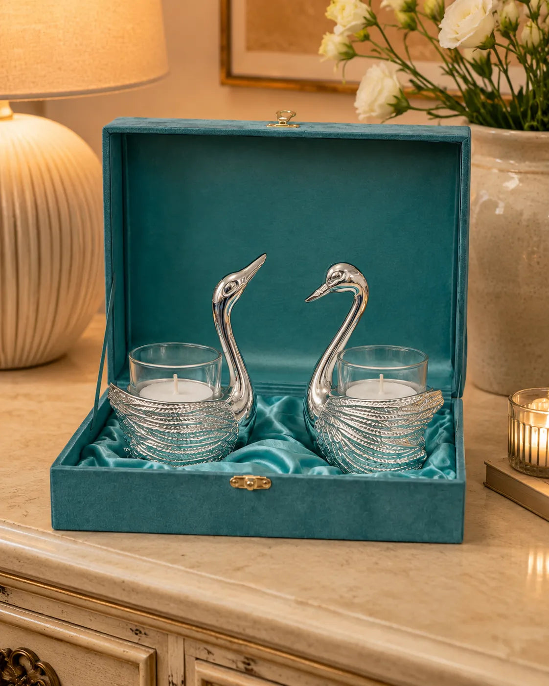 Silver Swan Candle Holders set of 2 with teal gift box