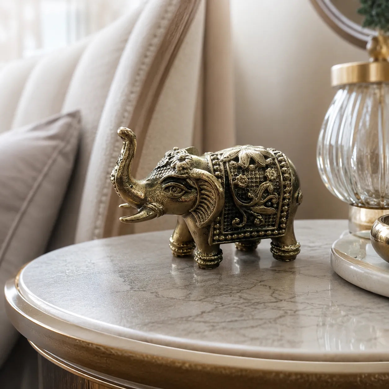 Complete Small Brass Elephant Showpiece with trunk raised