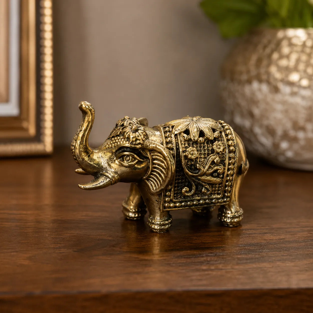 Small Brass Elephant with trunk up ultra fine detailing showpiece