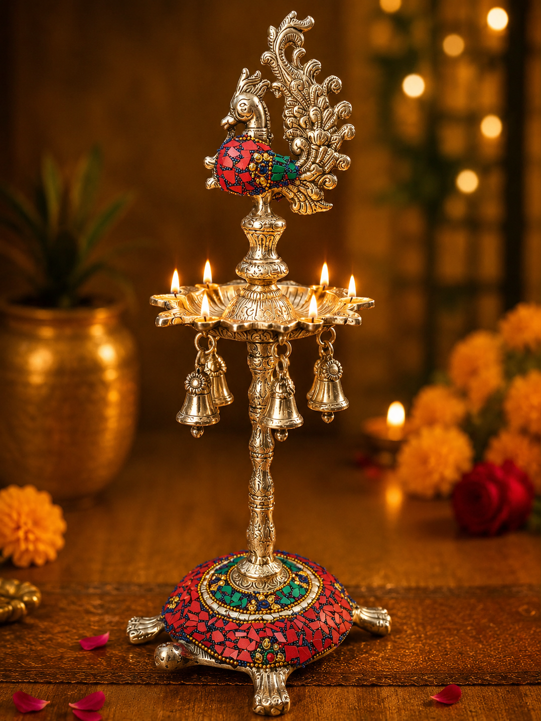 DecorGlobe German Silver Peacock Diya Stand with Hanging Bells | Handcrafted Mosaic Pooja & Home Decor – 43 cm