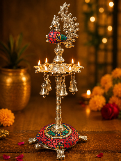 DecorGlobe German Silver Peacock Diya Stand with Hanging Bells | Handcrafted Mosaic Pooja & Home Decor – 43 cm