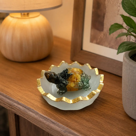 Tri-color Stone Tortoise (Black, Orange, Green) with Selenite Tray Vastu item