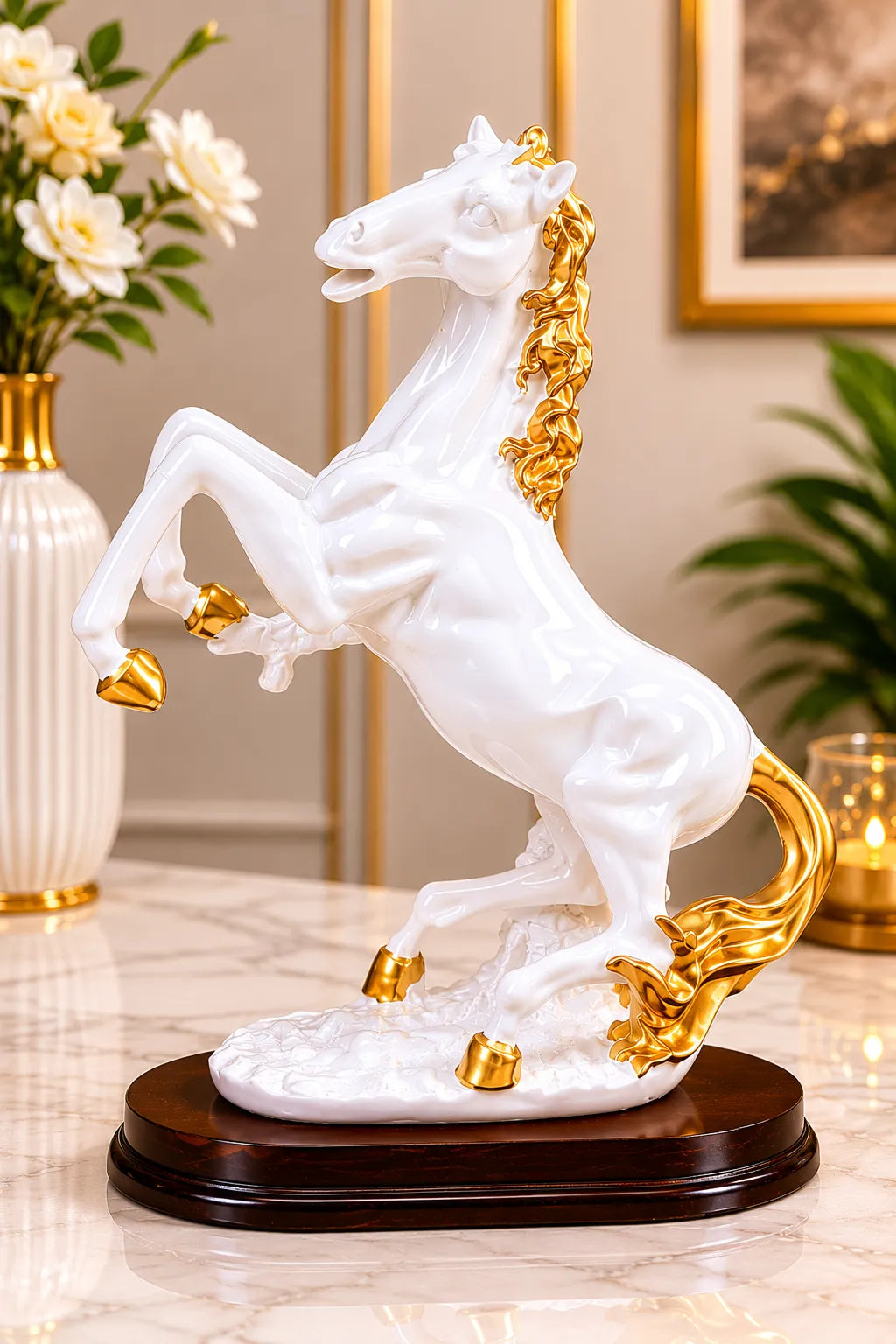 Closeup of gold detailing on mane and hooves of White Horse Showpiece