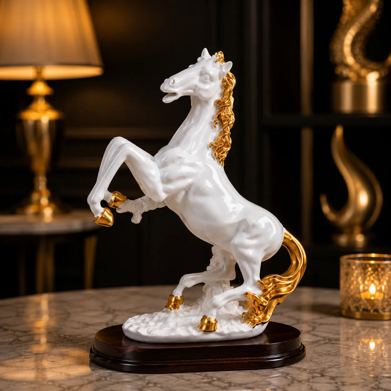Closeup of gold detailing on mane and hooves of White Horse Showpiece