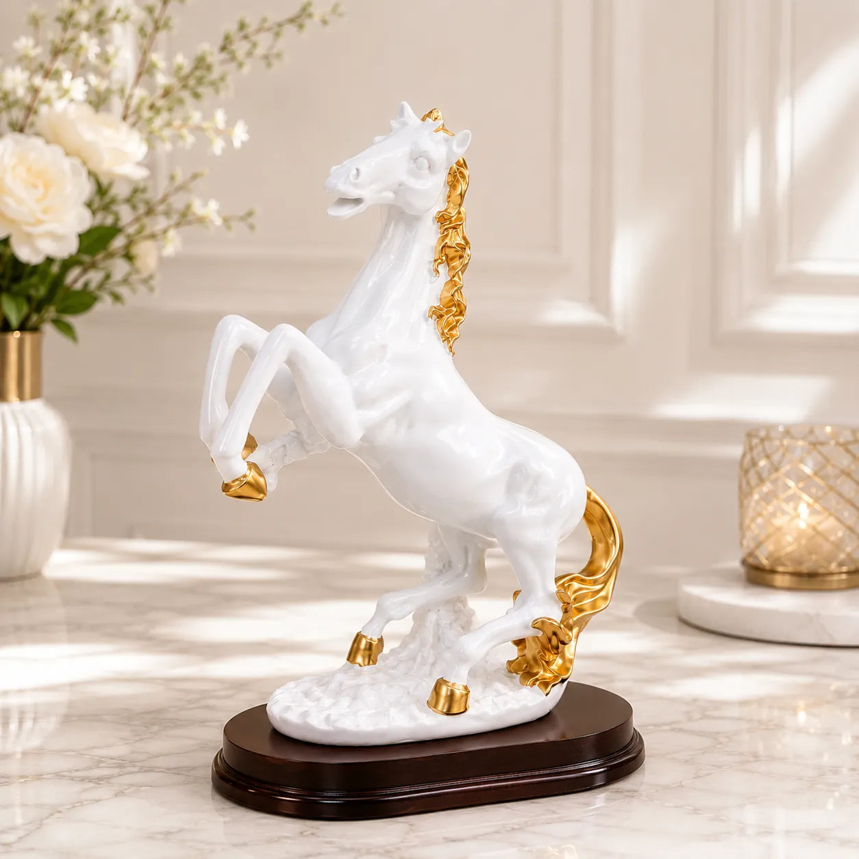 Complete White Rearing Horse with Gold Accents luxury showpiece
