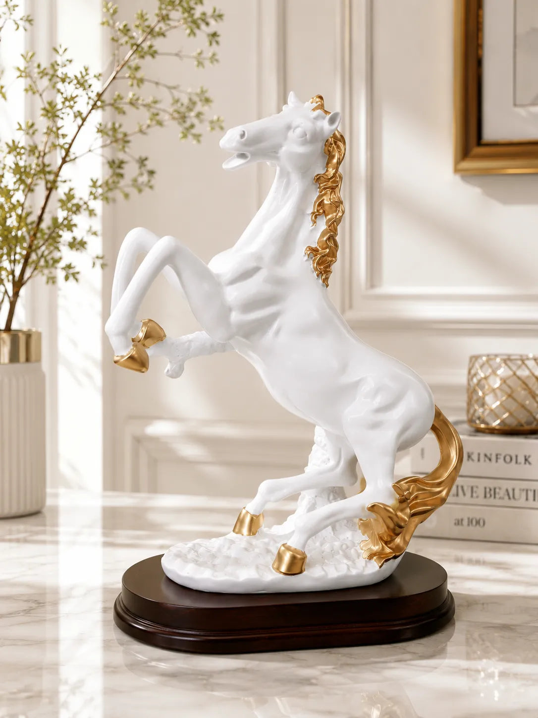 White Rearing Horse Showpiece with gold mane and accents on wooden base