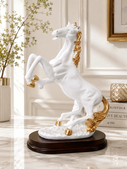 White Rearing Horse Showpiece with gold mane and accents on wooden base