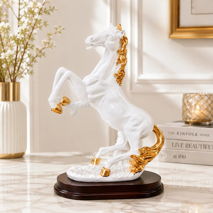 White Rearing Horse Showpiece with gold mane and accents on wooden base