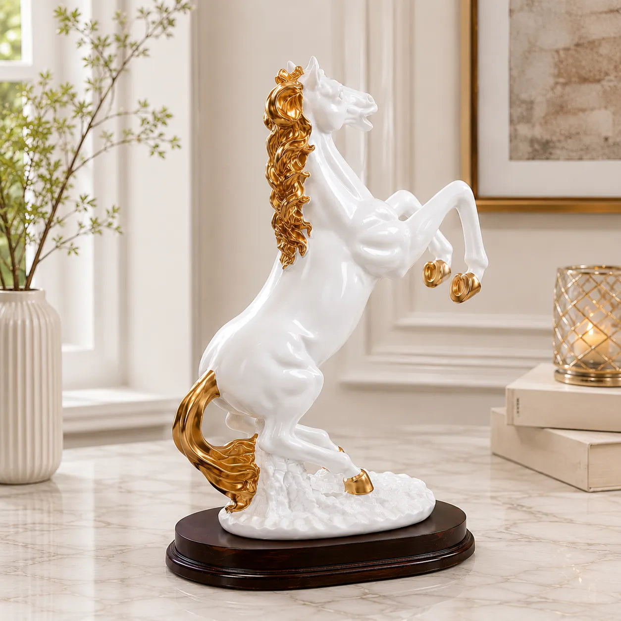 Side view of White and Gold Rearing Horse decorative statue