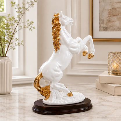 Side view of White and Gold Rearing Horse decorative statue