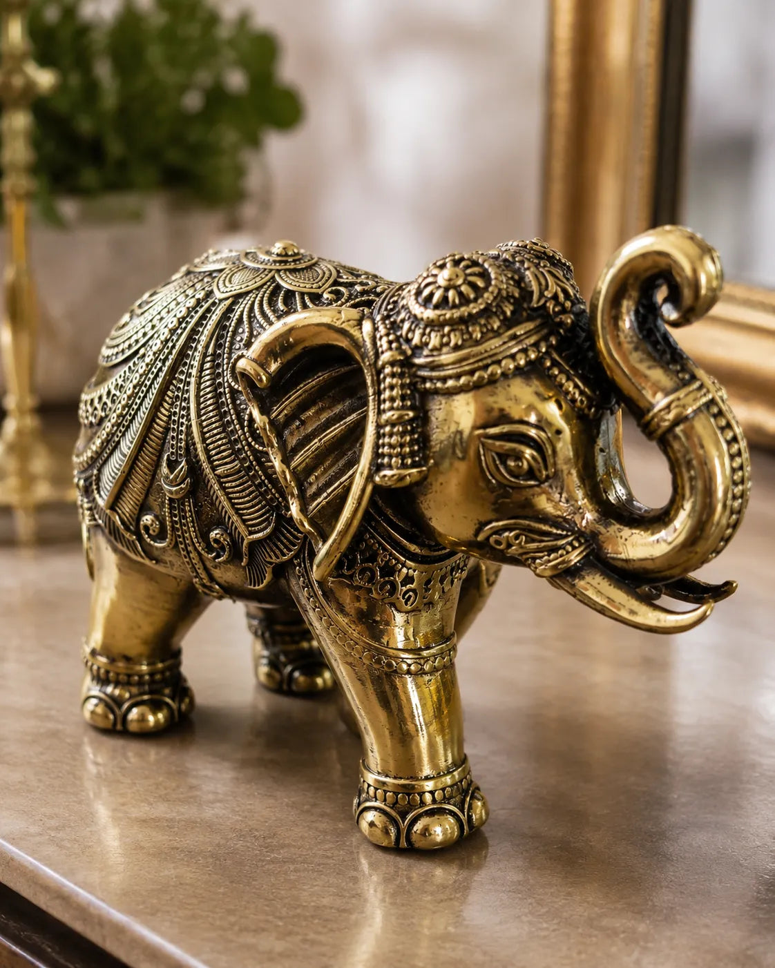 Closeup of ultra fine carving on XL Brass Elephant